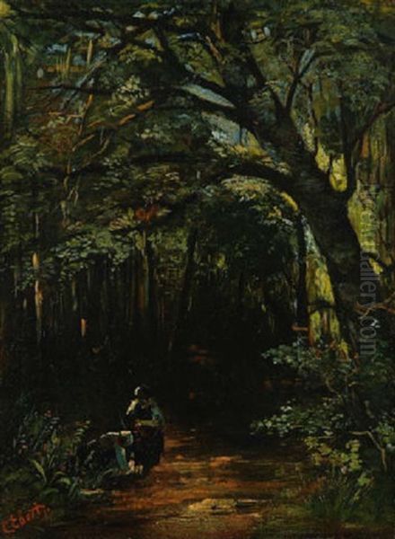 Waldweg Mit Zwei Frauen Oil Painting by Carl Ebert