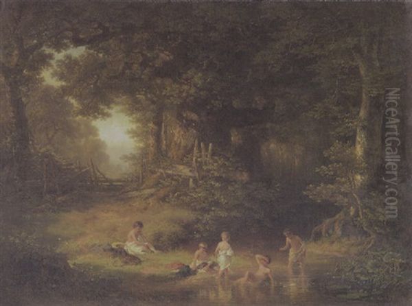 Waldlandschaft Mit Badenden Buben Oil Painting by Carl Ebert