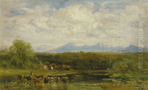 Kuhe An Der Tranke An Einem Teich In Voralpenlandschaft Oil Painting by Carl Ebert