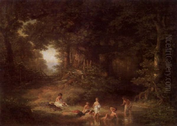 Waldlandschaft Mit Badenden Kindern Oil Painting by Carl Ebert