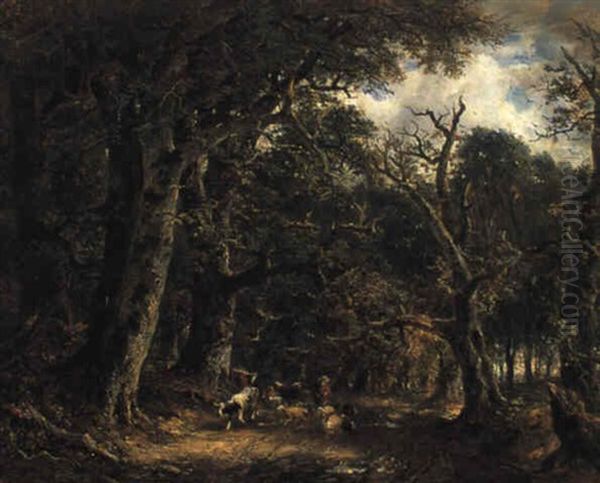 Hirtenjunge Mit Vieh Auf Einer Waldlichtung Oil Painting by Carl Ebert