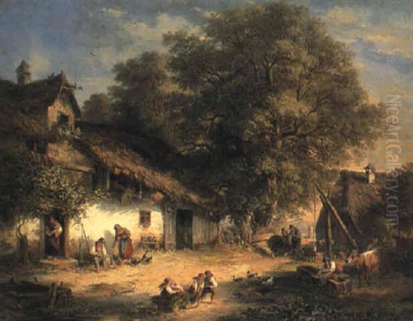 A Busy Village Oil Painting by Carl Ebert