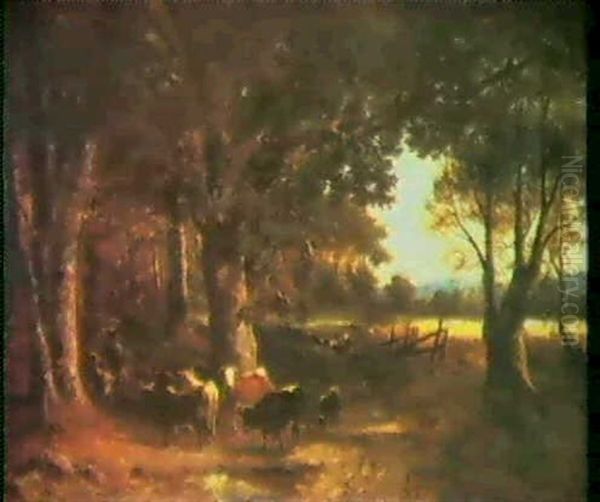 Hirtenjunge Mit Vieh An Einer Waldlichtung Oil Painting by Carl Ebert