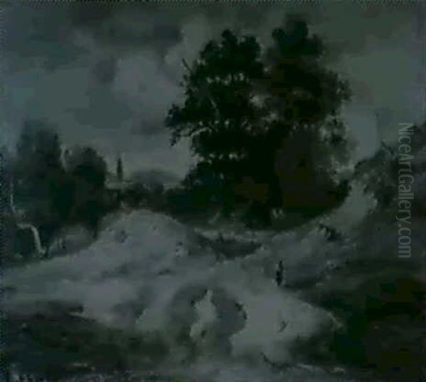 Hugellandschaft Mit Baumgruppeund Reisigsammlerin, Im       Hintergrund Ein Kirchdorf Oil Painting by Carl Ebert