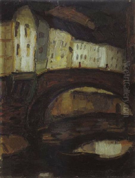 Stadtlandschaft Mit Brucke Oil Painting by Josef Eberz