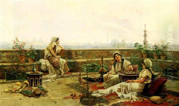 Ladies Of A Harem On A Terrace Overlooking Cairo Oil Painting by Jose Echena