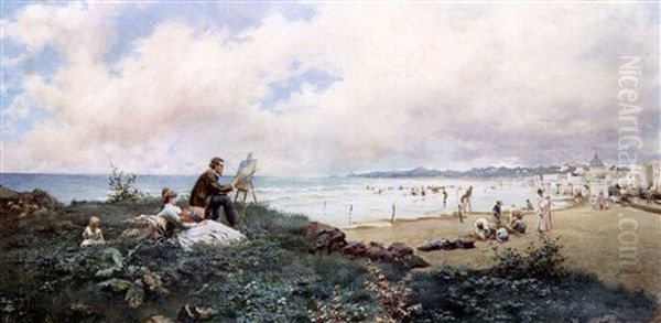 The Artist And His Family On The Beach Oil Painting by Jose Echena