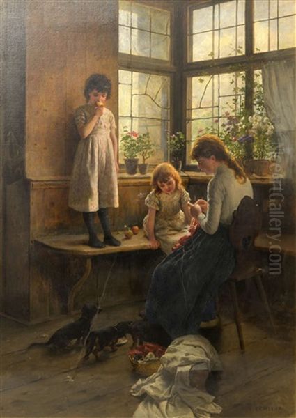 A Mother And Three Children, Feeding The Dachshunds Oil Painting by Adolf Echtler