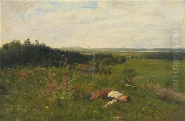 Young Girl In A Meadow Oil Painting by Adolf Echtler