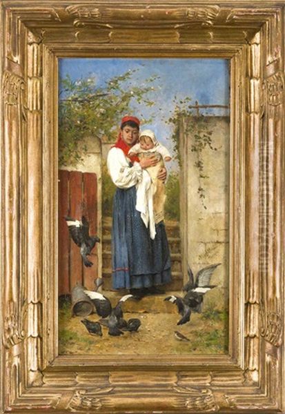 Bretonische Mutter Mit Ihrem Kind Am Gartentor, Einen Schwarm Tauben Beobachtend Oil Painting by Adolf Echtler