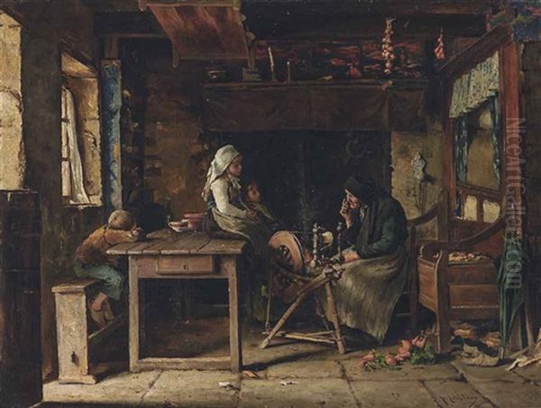 Grosmutter Erzahlt Den Lauschenden Kindern In Der Stube Ein Marchen Oil Painting by Adolf Echtler