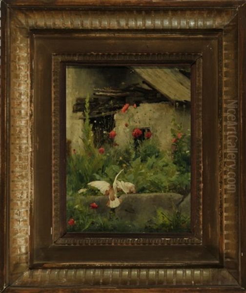 Zwei Turteltauben Im Garten Vor Dem Gerateschuppen Oil Painting by Adolf Echtler