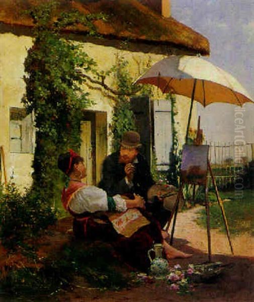 Maler Und Junge Frau Im Garten by Adolf Echtler