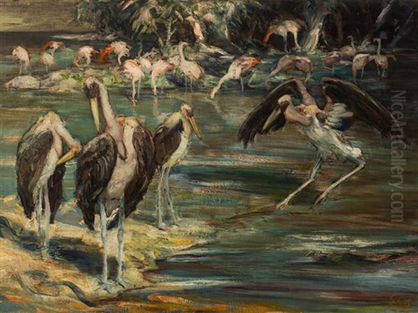 Riverside With Flamingos And Marabous Oil Painting by Ernst Eck