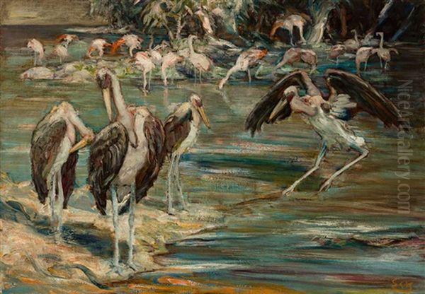 Uferstuck Mit Flamingos Und Marabus Oil Painting by Ernst Eck