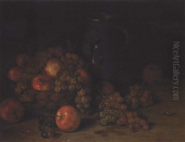 A Still Life With Apples, Grapes And A Pitcher, With Wasps In The Foreground Oil Painting by Aloys Eckardt