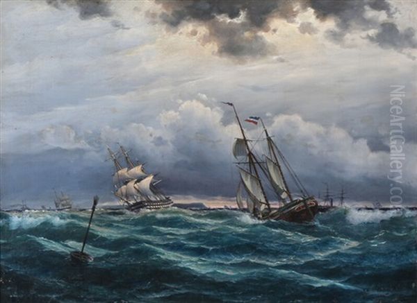 Seascape With Dutch Sailing Ships In Rough Seas Oil Painting by Christian Frederic Eckardt