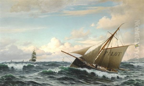 A Swedish Pilot Boat In High Sea Oil Painting by Christian Frederic Eckardt