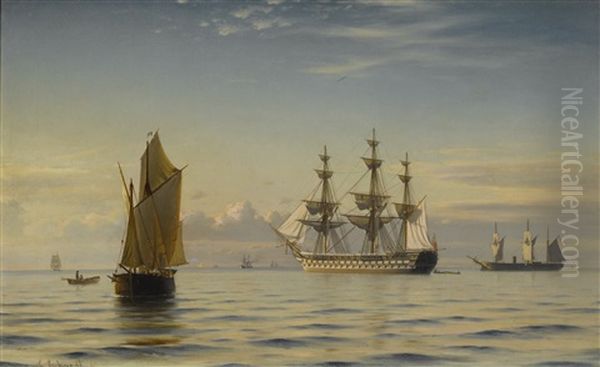 A Frigate And Other Ships On A Calm Sea Oil Painting by Christian Frederic Eckardt