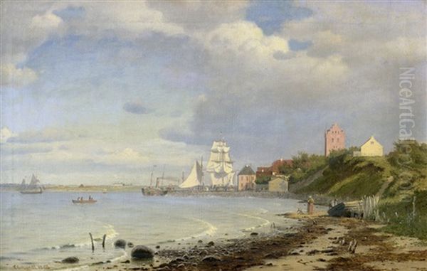 Schiffe Vor Der Kuste Von Middelfart Auf Funen Oil Painting by Christian Frederic Eckardt