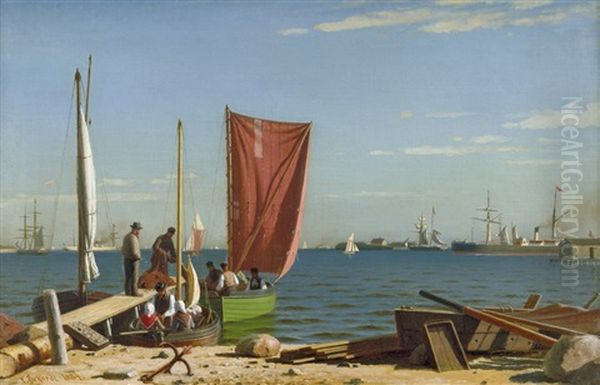 Boote Und Schiffe Mit Fischern An Einem Sonnigen Tag Im Hafen Oil Painting by Christian Frederic Eckardt