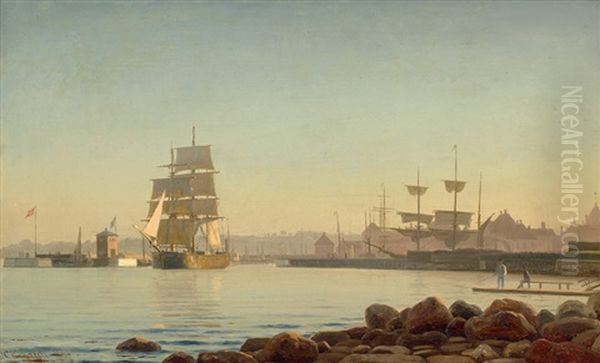 Segelschiffe Am Hafen Von Korsor Am Grosen Belt Auf Seeland Oil Painting by Christian Frederic Eckardt