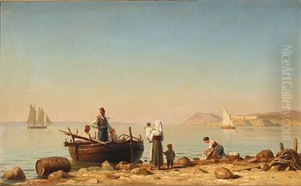 Coastal Scene From The Mediterranean Sea With Fishing Families Oil Painting by Christian Frederic Eckardt