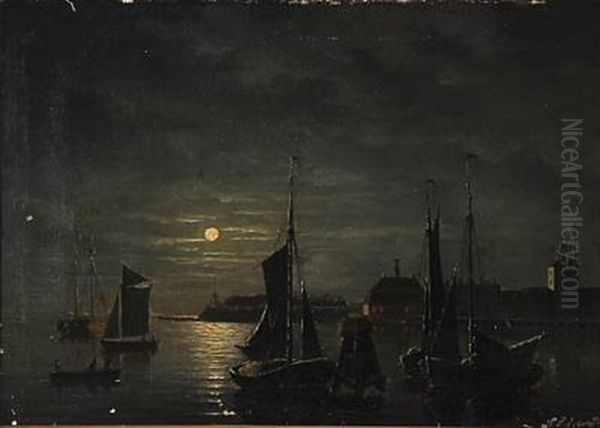 View From Copenhagen Harbour At Night Time Oil Painting by Christian Frederic Eckardt