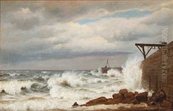 Coastal Scene With Waves Breaking Against A Pier Oil Painting by Christian Frederic Eckardt