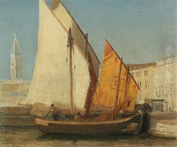 View From Venice With Ships Along The Quay, In The Background St. Mark's Campanile Oil Painting by Christian Frederic Eckardt