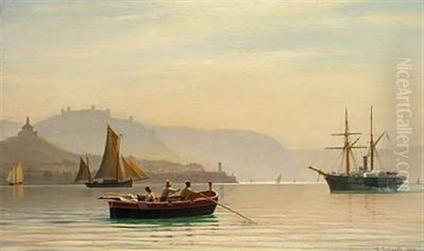 Coastal Scene With Sailing Ships And A Fishing Boat With Three Men In The Foreground Oil Painting by Christian Frederic Eckardt