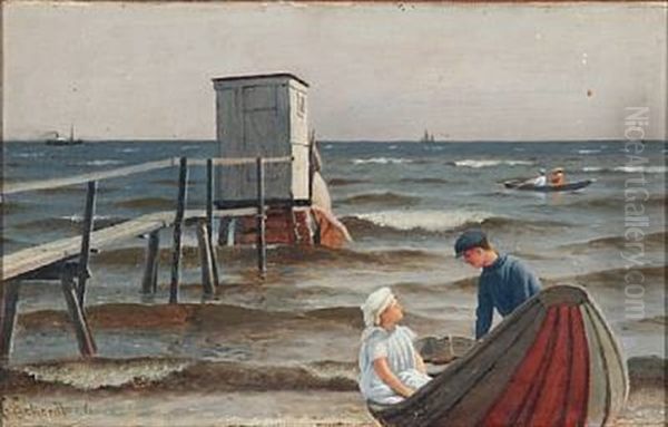 Coastal Scene With A Boy And A Girl On The Way Out To Sea Oil Painting by Christian Frederic Eckardt