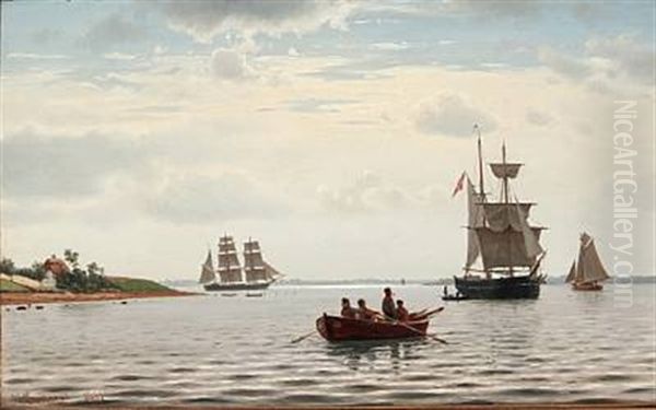 Coastal View With Sailing Ships And A Rowing Boat Oil Painting by Christian Frederic Eckardt