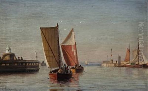 Fishermen At Aarhus Harbour, Denmark by Christian Frederic Eckardt