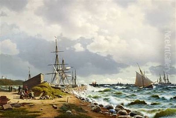 Coastal View With Numerous Sailing Ships At Sea Oil Painting by Christian Frederic Eckardt