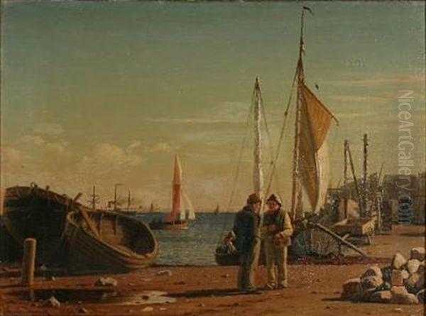 Fishermen In Conversation On Kalkbraenderihavnen, Denmark Oil Painting by Christian Frederic Eckardt