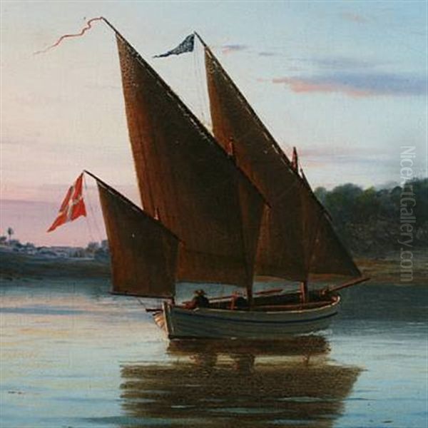 Danish Summer Landscape With Sailing Ship Along The Coast Oil Painting by Christian Frederic Eckardt