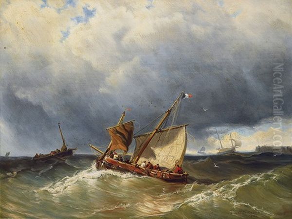 Fishing Boats On The Sea Oil Painting by Christian Frederic Eckardt