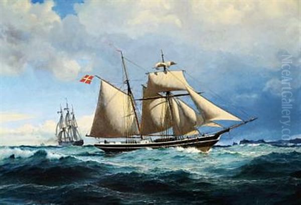 Two-masted Schooner "caroline Og Trine" From Troense. Captain Of The Schooner Was Mr. Mogensen From Faborg Oil Painting by Christian Frederic Eckardt