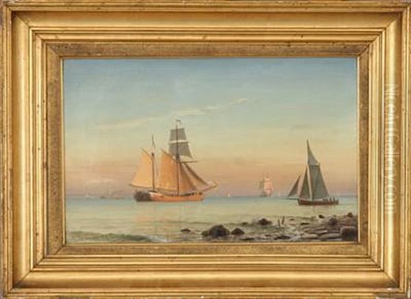 Ships At Sea In The Evening Sun Oil Painting by Christian Frederic Eckardt