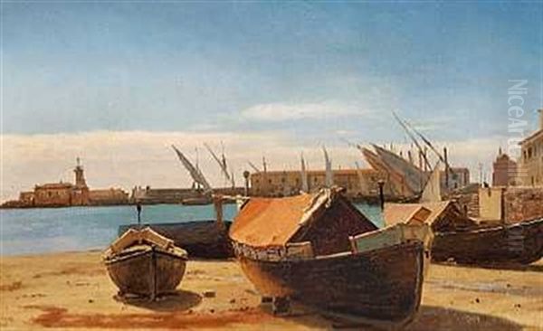 Parti Fra Port D'auza Med Optrukne Bade Pa Stranden Oil Painting by Christian Frederic Eckardt