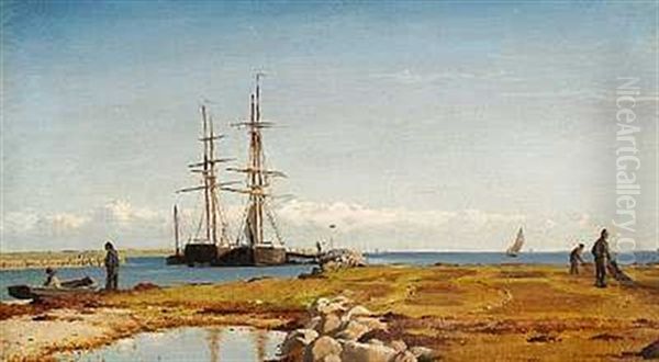 Kystparti Med Sejlskibe I En Havn, I Forgrunden Ordner Fiskere Deres Net Oil Painting by Christian Frederic Eckardt