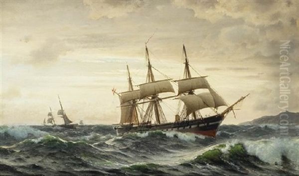 Marine Med Tremastet Sejlskib Med Dansk Flag, Hoj So, I Baggrunden Andre Sejlskibe Og Klippekyst Oil Painting by Christian Frederic Eckardt