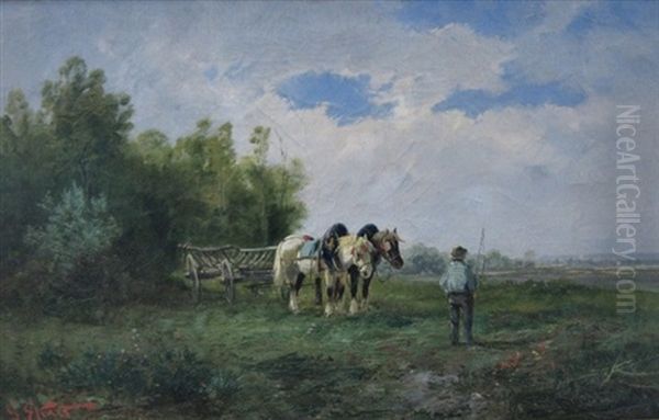 Ekart_g. En Bonde Holder Hvil, Ved Hans Side To Heste Forspaendt Vogn Oil Painting by Christian Frederic Eckardt