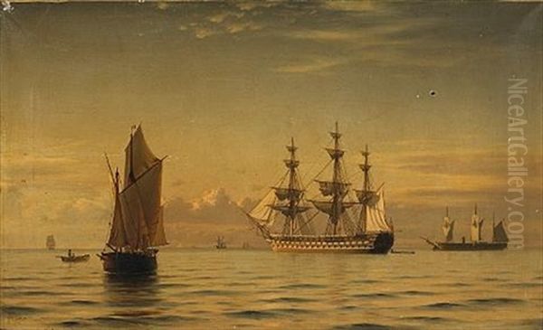 A Frigate With Other Shipping On A Calm Sea Oil Painting by Christian Frederic Eckardt