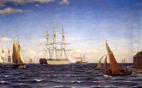 Linieskibet Christian Viiis Sidste Afgang Fra Kjobenhavns Red. Bugseret Af Dampskibet Copenhagen, Senere Slesvig Oil Painting by Christian Frederic Eckardt