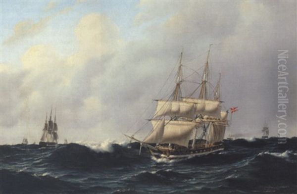 Fregatter Pa Havet I Frisk Vejr Oil Painting by Christian Frederic Eckardt