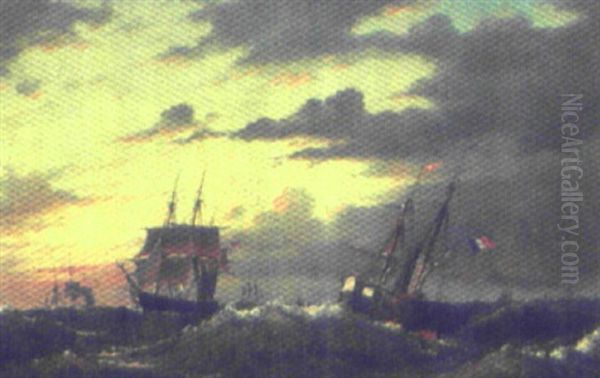 Marine Med Sejlskibe Oil Painting by Christian Frederic Eckardt