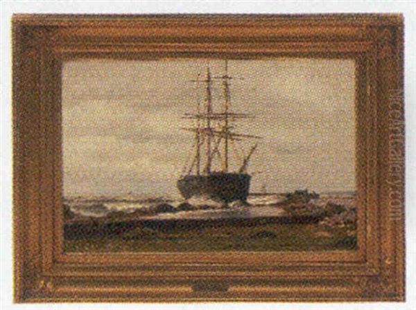 Marine Med Sejlskib Taet Under Land, Pa Bredden Personer Der Ser Pa Oil Painting by Christian Frederic Eckardt