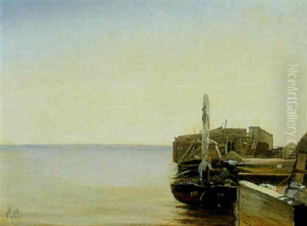 Stille Vand Med Fiskerbad, Der Laegger Til Oil Painting by Christian Frederic Eckardt